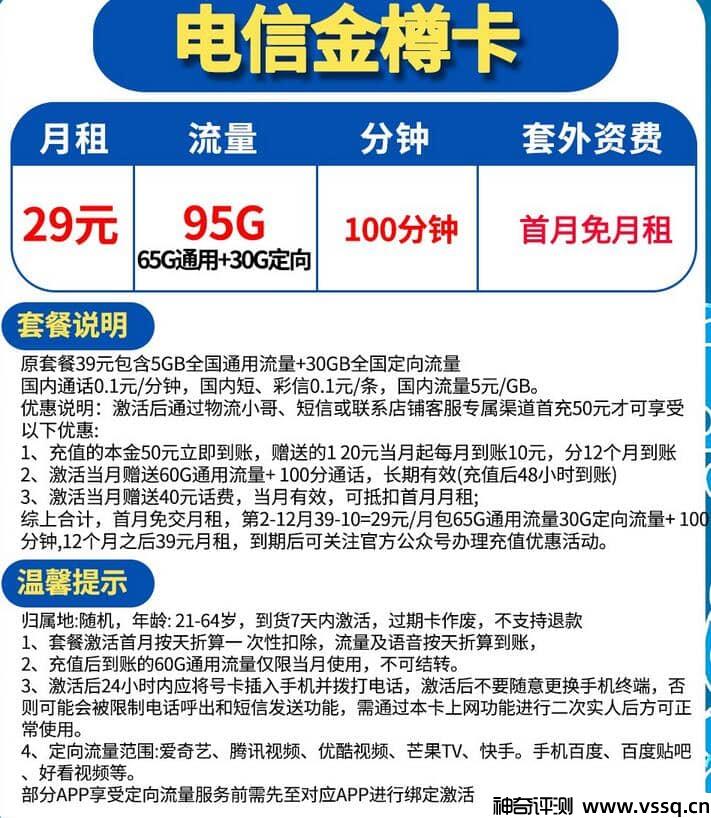 电信金樽卡，月租29元95G流量+100分钟通话+首月免费