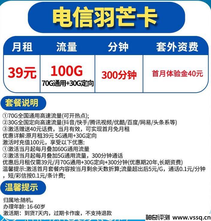 电信羽芒卡是真的吗？100G流量+300分钟通话+首月免费