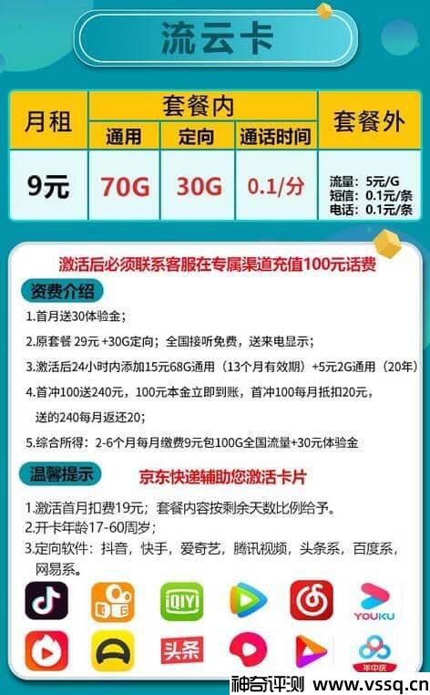 电信流云卡9元套餐怎么样？100G流量+套内无免费通话+首月送30元