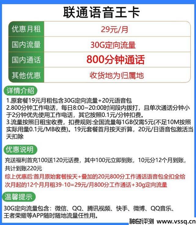 联通语音王卡套餐资费，月租29元+30G定向流量+800分钟通话